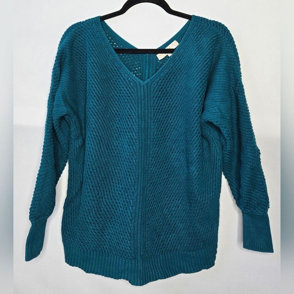 Women's Loft v-neck v-back, sweater blue green teal Sz Small coastal normcore